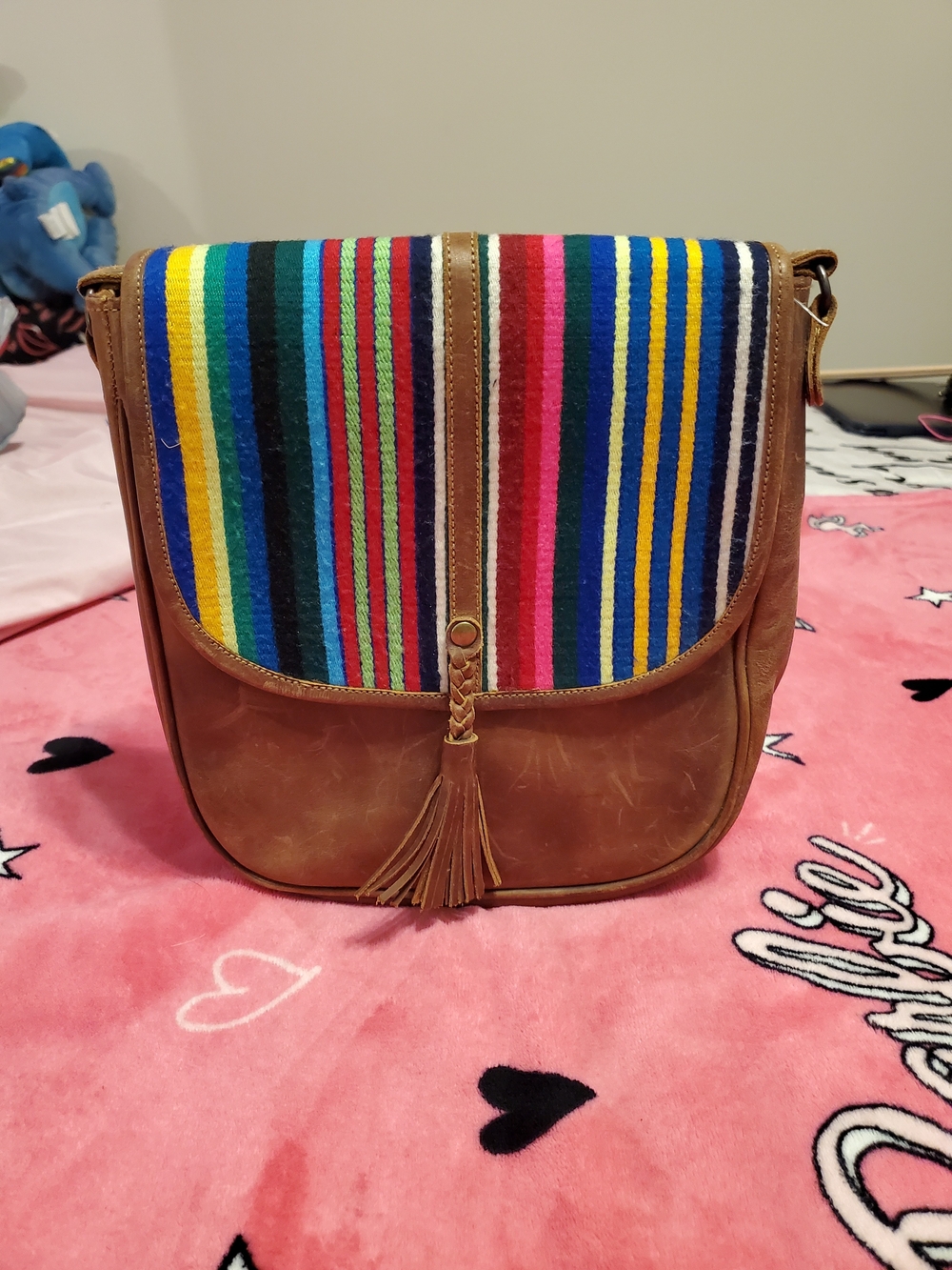 The White Yak Brown Genuine Leather Crossbody Bag with Multicolor Striped Flap